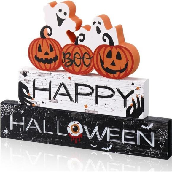 3 Pieces Happy Halloween Wooden Sign Centerpiece Boo Pumpkin Ghost - Picture 1 of 7